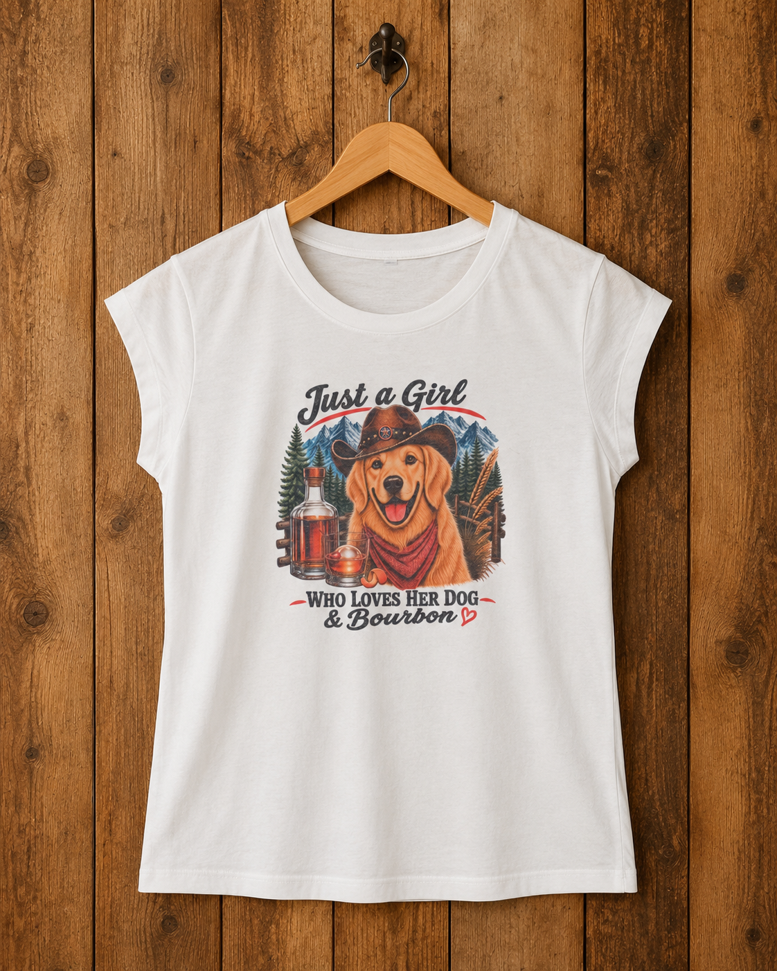 Just a Girl That Loves Her Dog and Bourbon Tee – Golden Retriever & Mountains