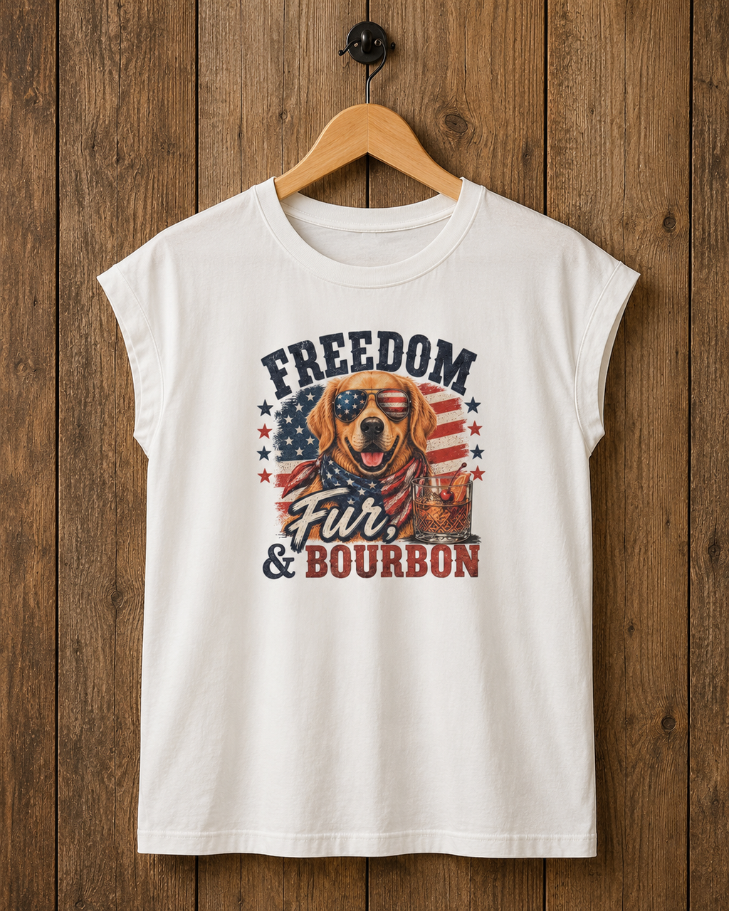 Freedom, Fur & Bourbon Tee – Golden Retriever (Bold Print)