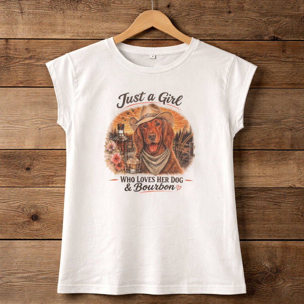 Just a Girl That Loves Her Dog and Bourbon Tee – Red Golden Retriever & Irish Setter