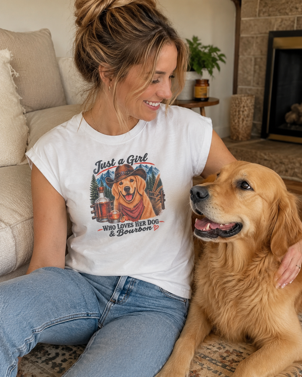Just a Girl That Loves Her Dog and Bourbon Tee – Golden Retriever & Mountains