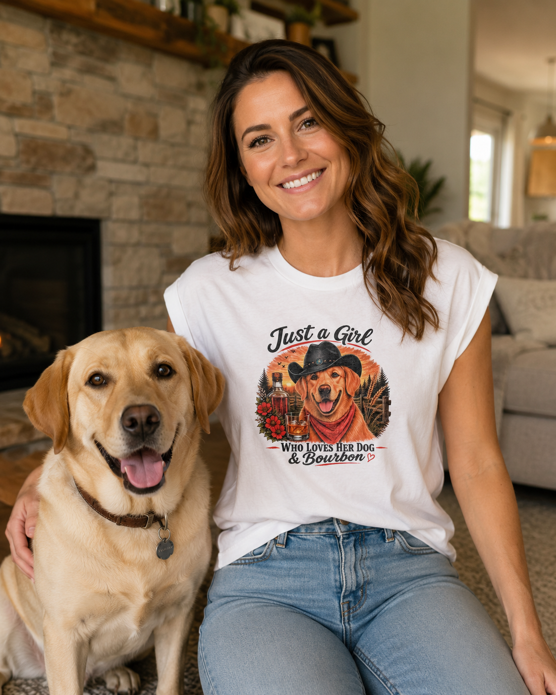 Just a Girl That Loves Her Dog and Bourbon Tee – Yellow Lab & Golden Retriever