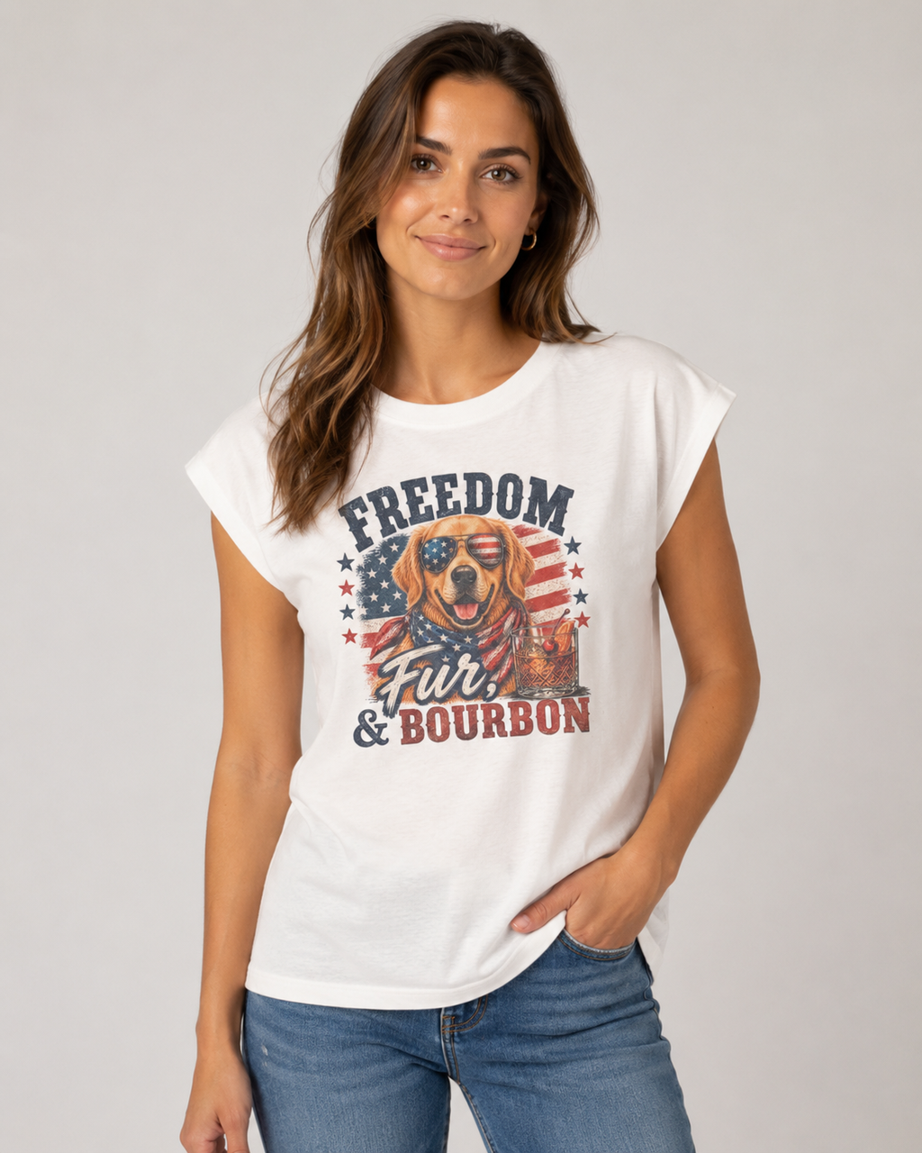 Freedom, Fur & Bourbon Tee – Golden Retriever (Rustic)