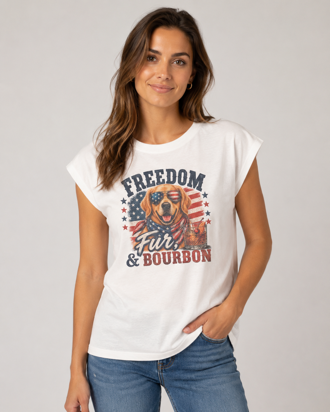 Freedom, Fur & Bourbon Tee – Golden Retriever (Rustic)