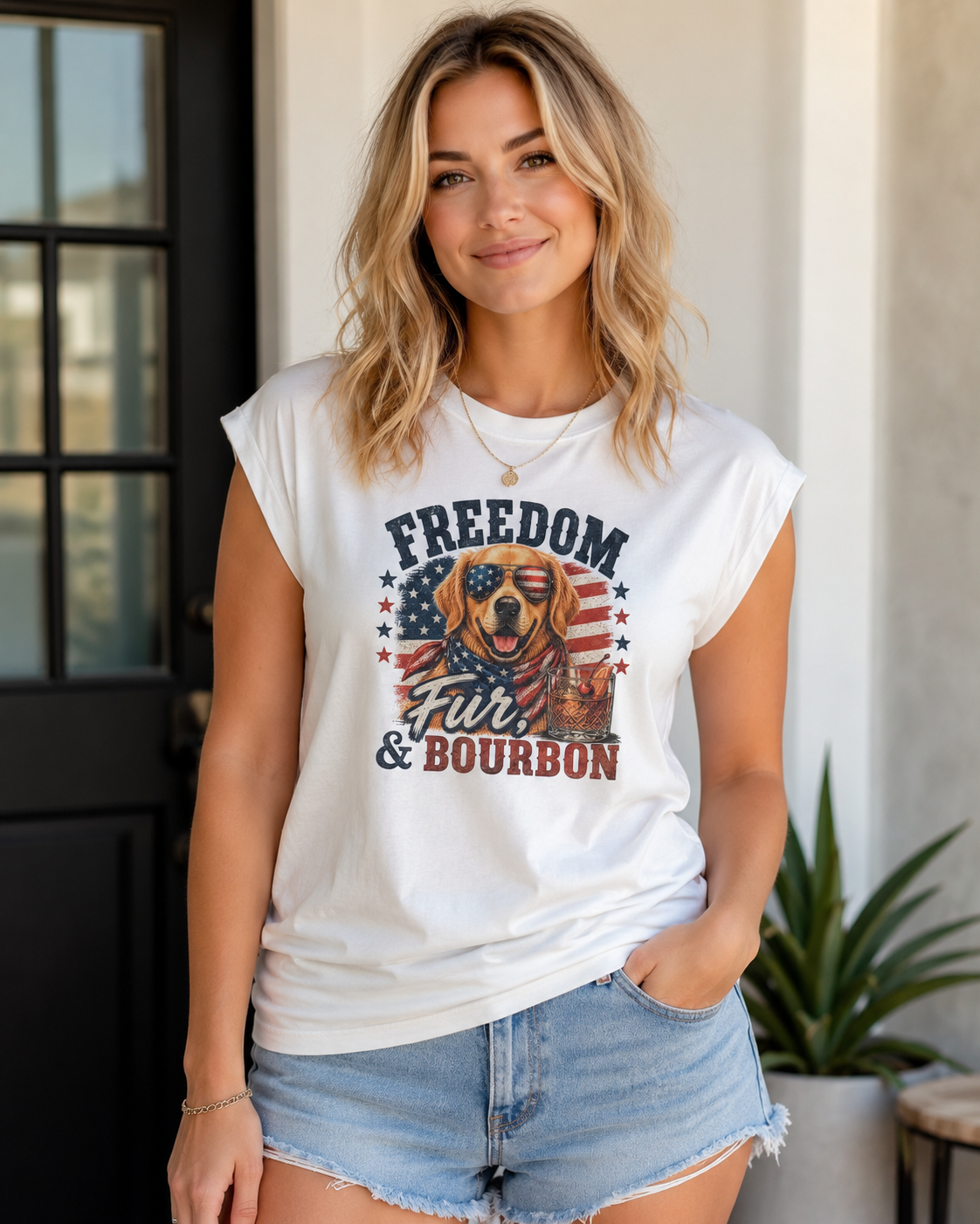 Freedom, Fur & Bourbon Tee – Golden Retriever (Bold Print)